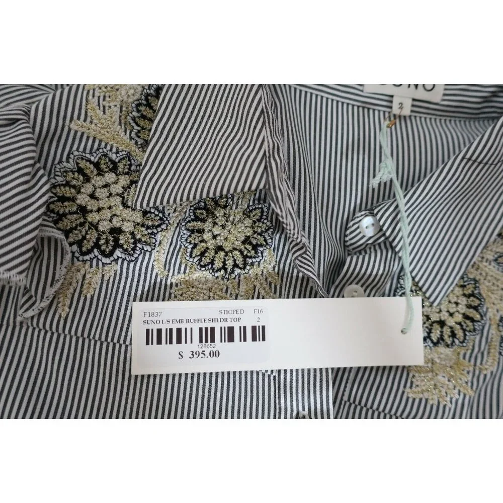 Suno NWT Grey Embroidered Metallic Shirt 2 Ruffle Button Longsleeve Blouse Top - Picture 6 of 6